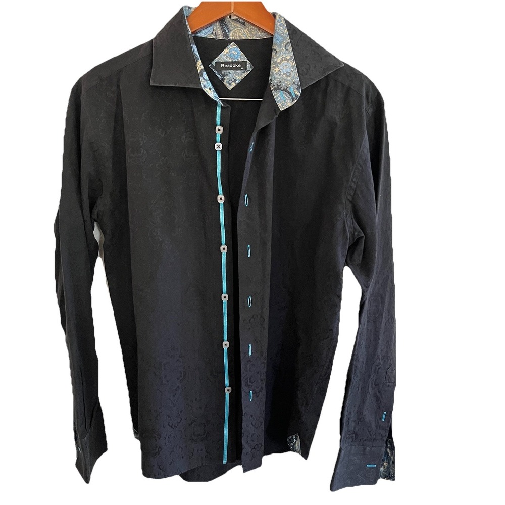 Bespoke Shirt Mens‎ XL Linen Blue Paisley Flip Cuff Long Sleeve Button Down